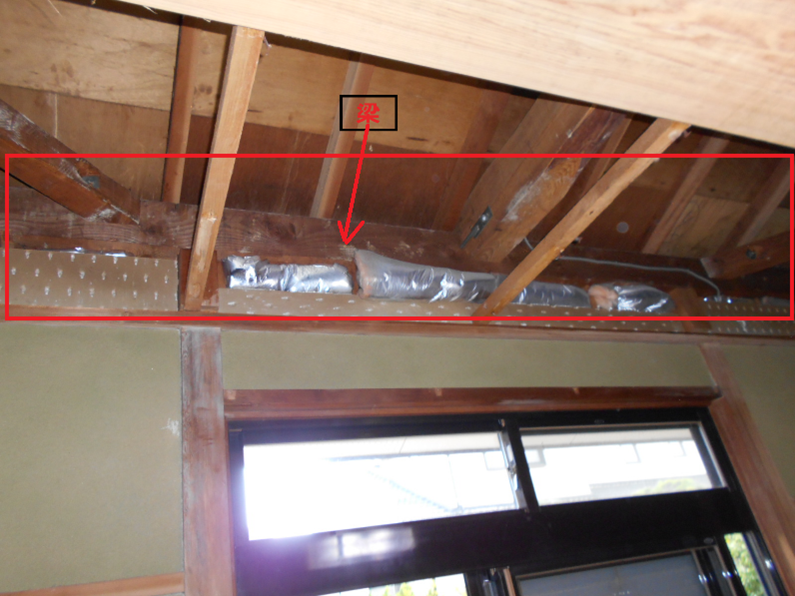 天井を解体しました！！(このままの梁＜赤枠で囲った部分＞では増築側の壁を取ることが出来ないことが分かりました)