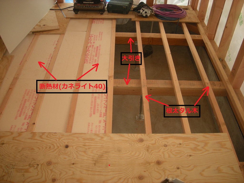 床の根太および断熱材施工